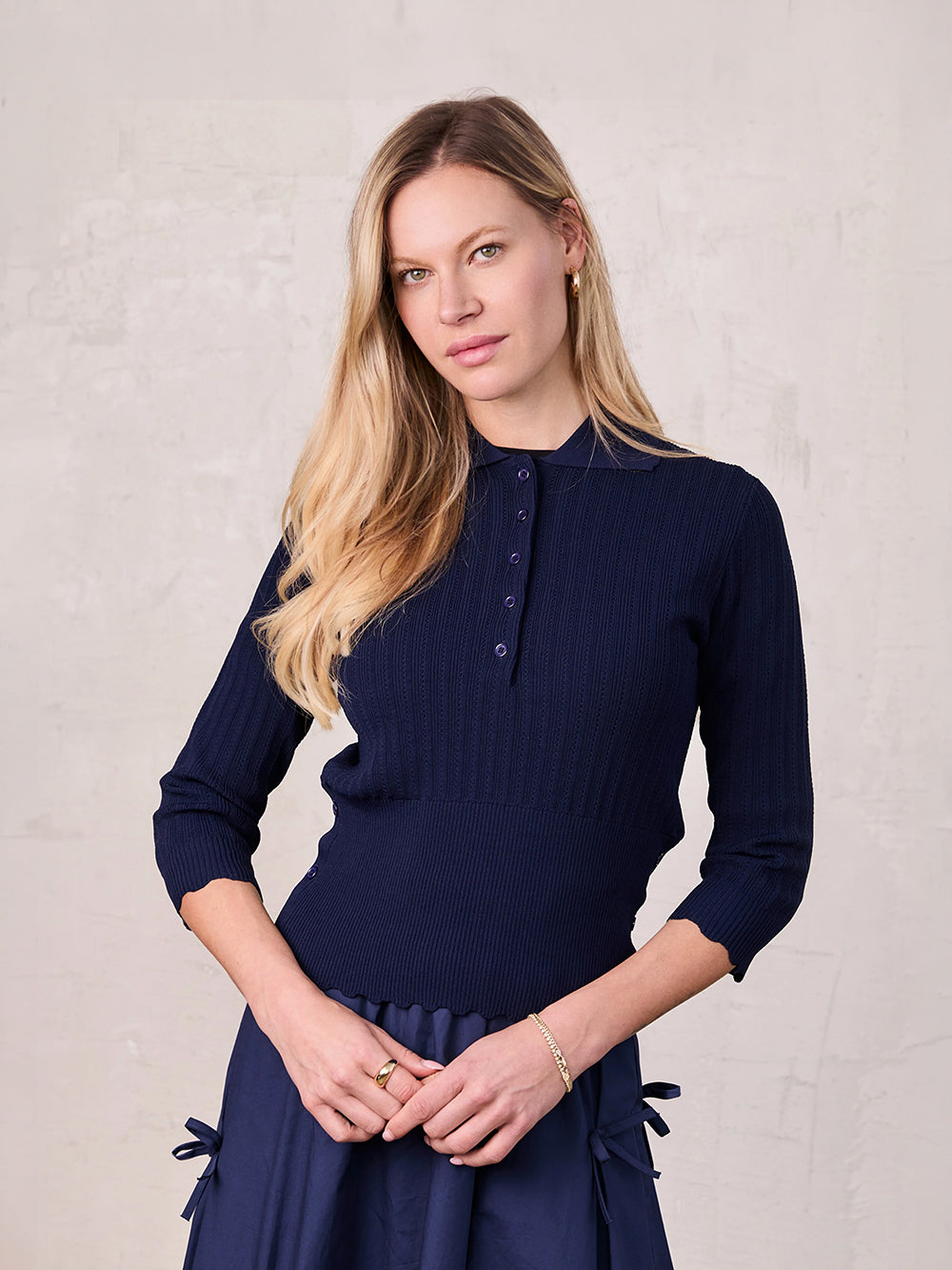 Wide Band Pointelle Sweater-Navy