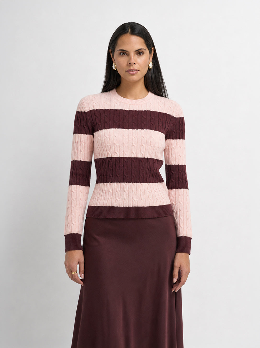 Wide Stripe Cable Knit Sweater -  Burgundy/Pink
