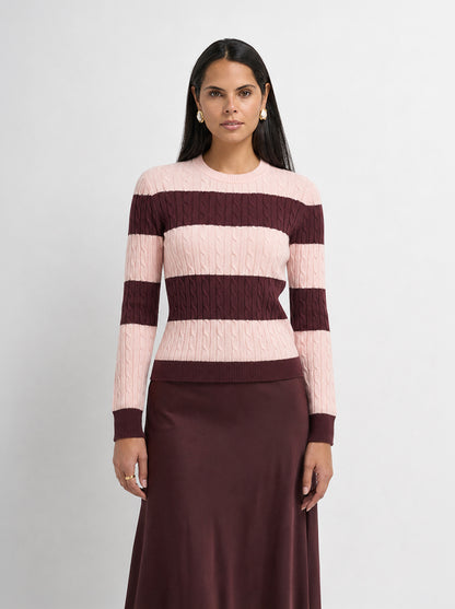 Wide Stripe Cable Knit Sweater -  Burgundy/Pink