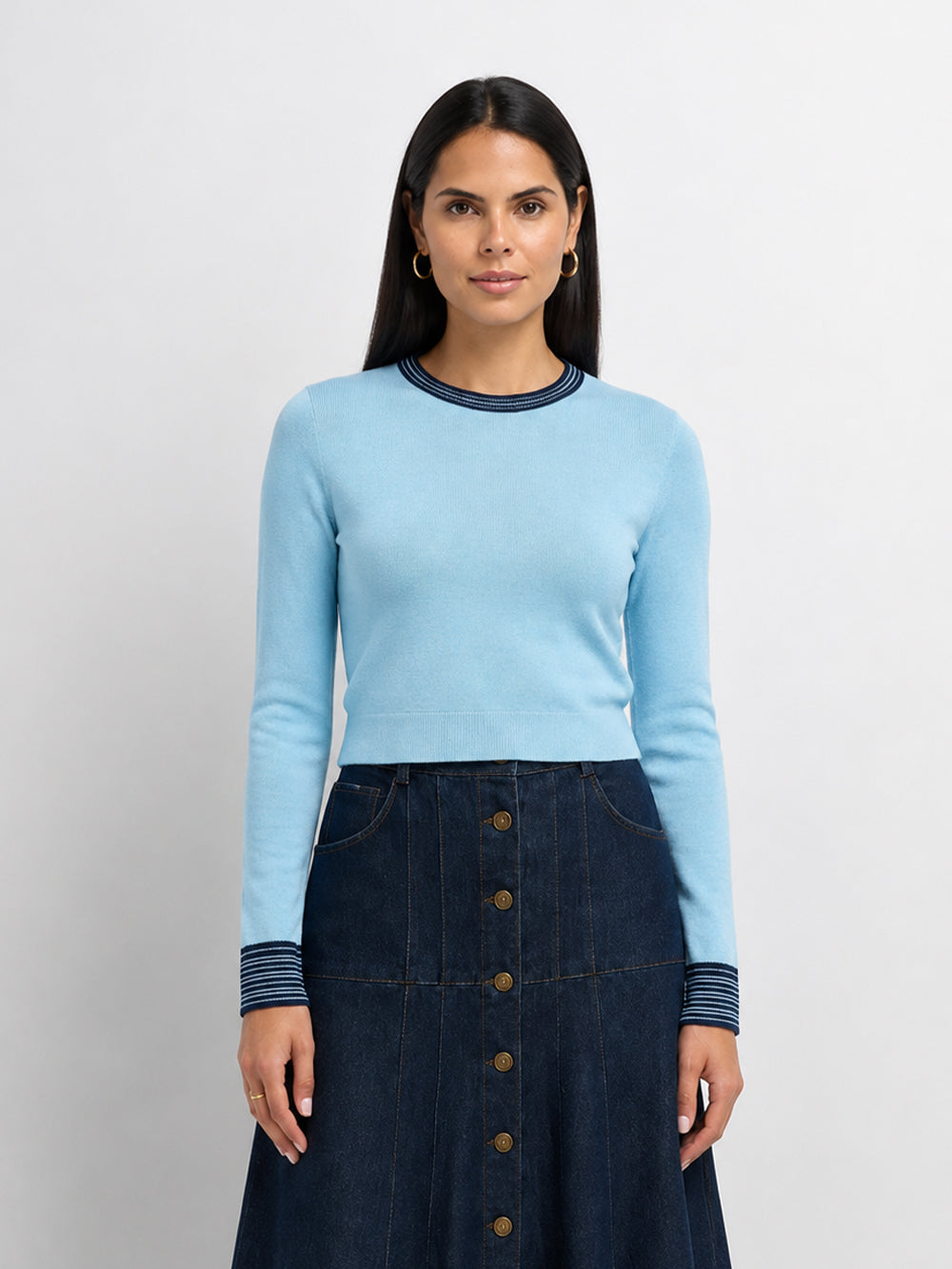 Wool Blend Crew Sweater - Light Blue