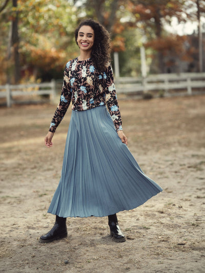 Wool Blend Pleated Skirt-Denim Blue