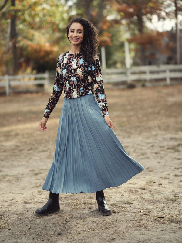 Wool Blend Pleated Skirt-Denim Blue