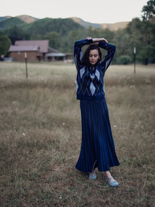 Wool Blend Pleated Skirt-Navy