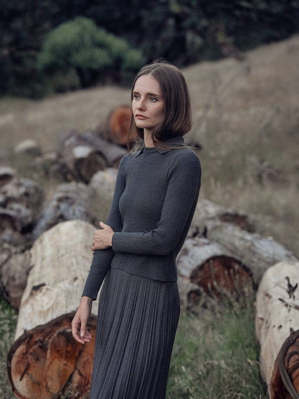 Wool Blend Pleated Skirt 25.5"-Dark Grey