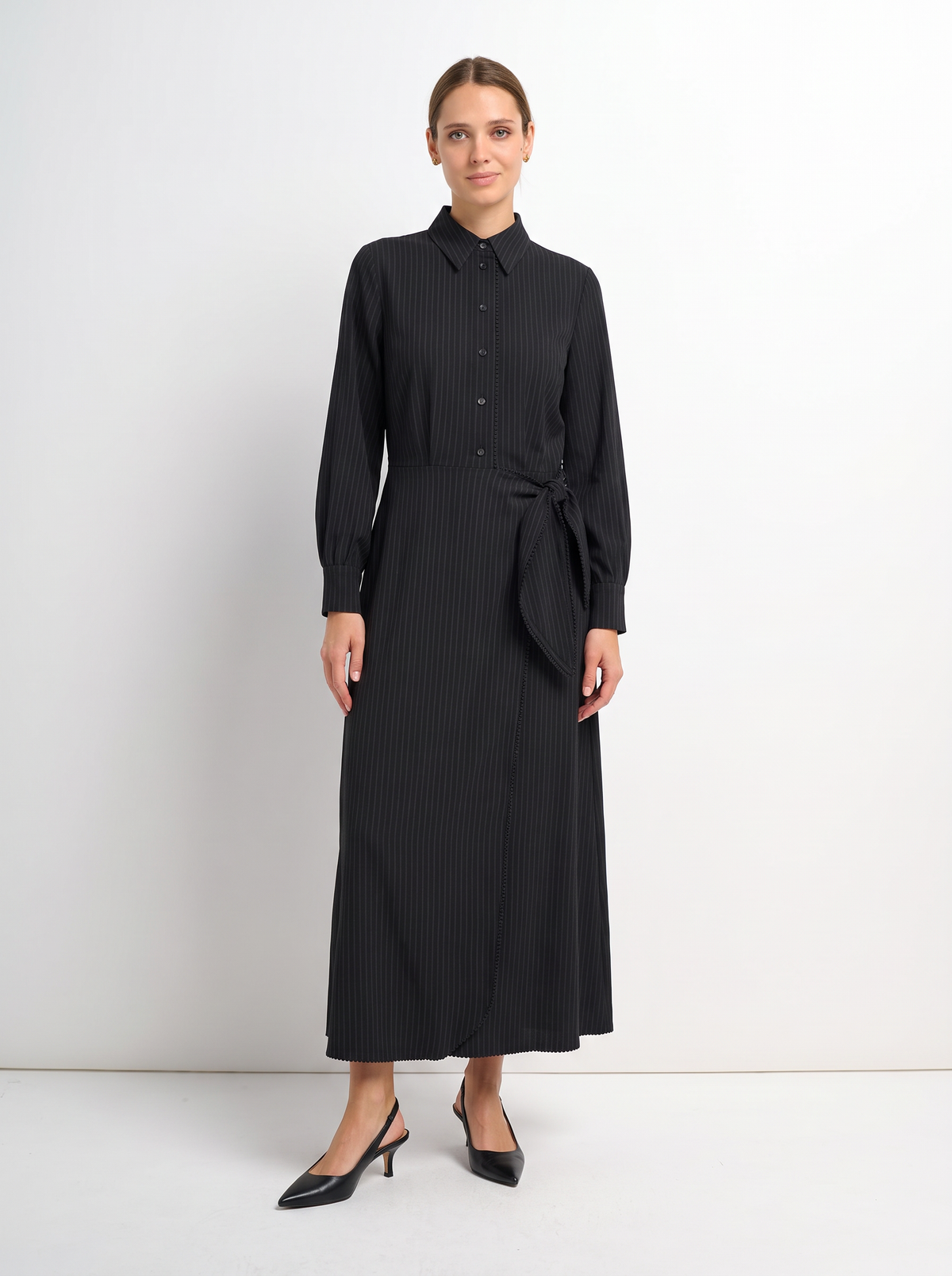 Wrap Shirtdress - Black Pinstripe
