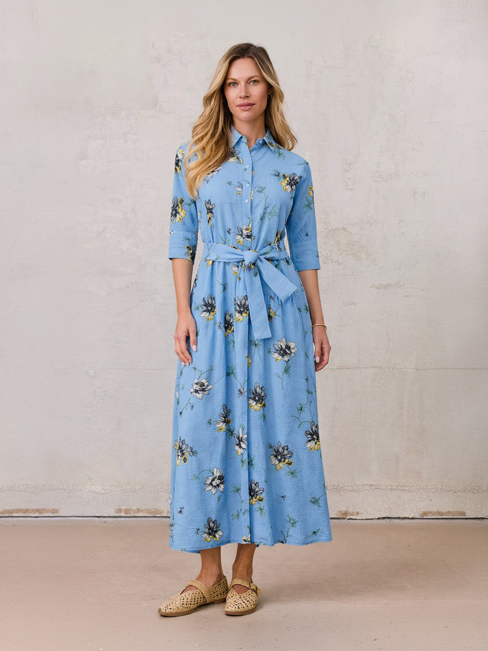 Yoke Gathered Belted Shirtdress-Yellow Pop Flower
