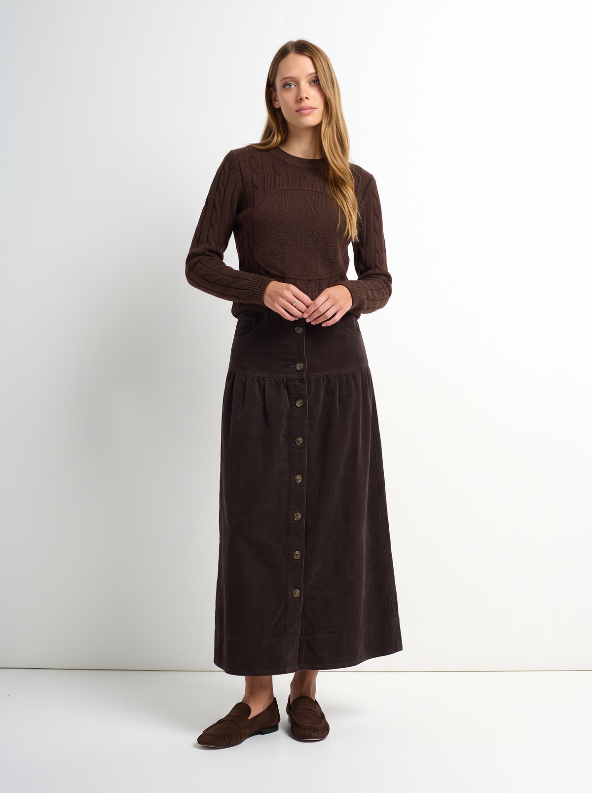 Yoke Gathered Curduroy Skirt - Brown