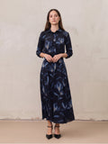 Yoke Pleated Printed Skirt-Blue Floral