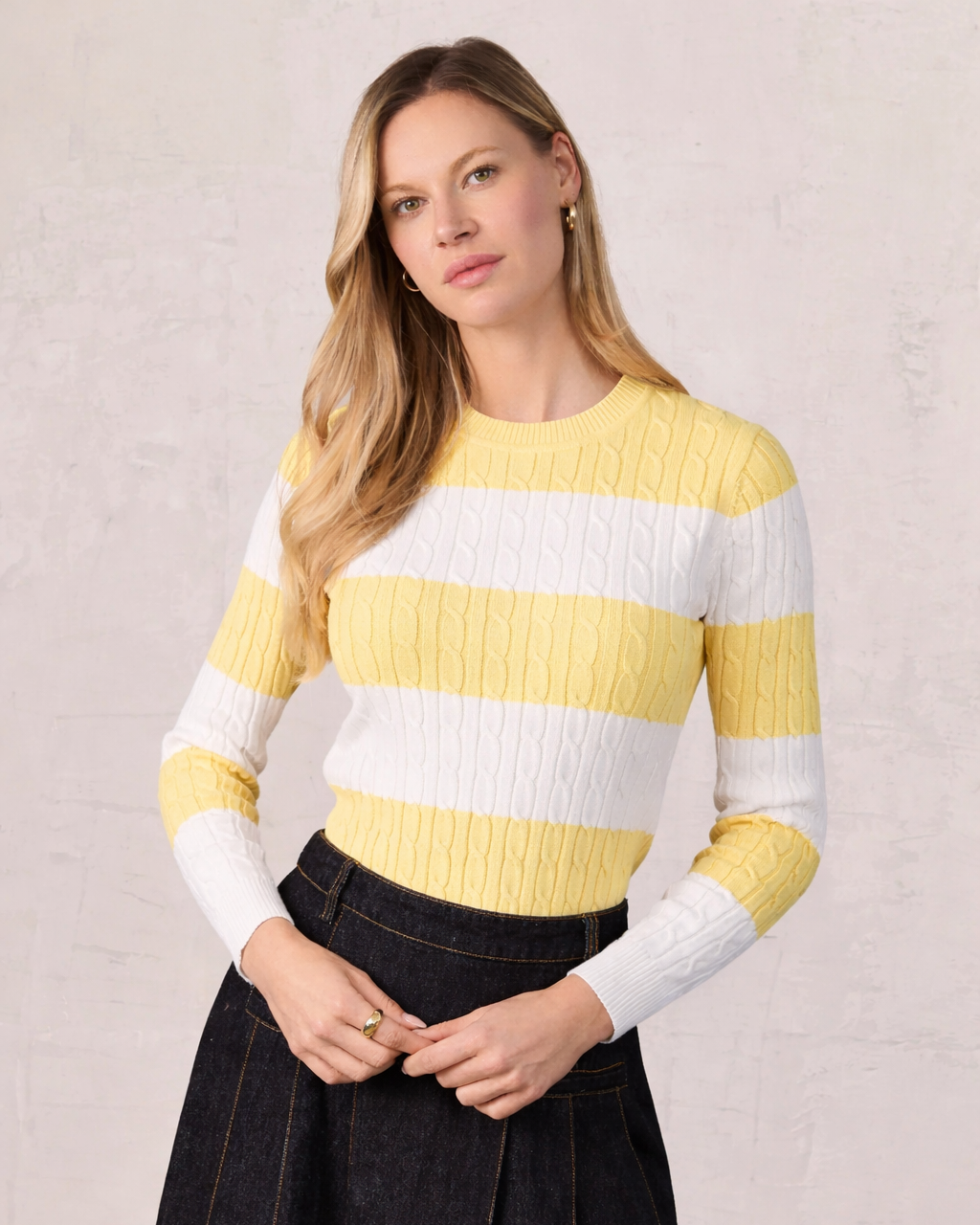 Striped Cable Sweater-Yellow/White