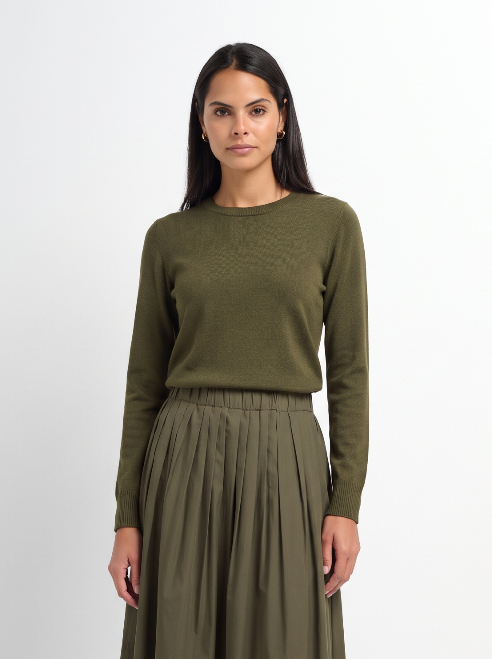 Basic Knit Crew Sweater - Olive Green