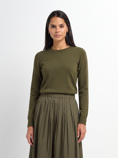 Basic Knit Crew Sweater - Olive Green