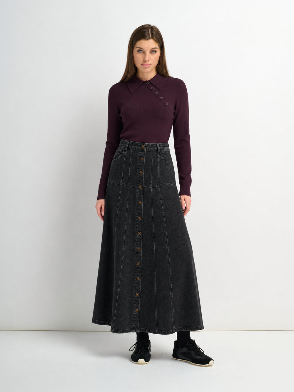 Drop Waist Denim Skirt-Black