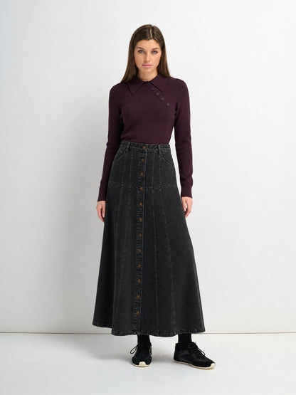Drop Waist Denim Skirt-Black