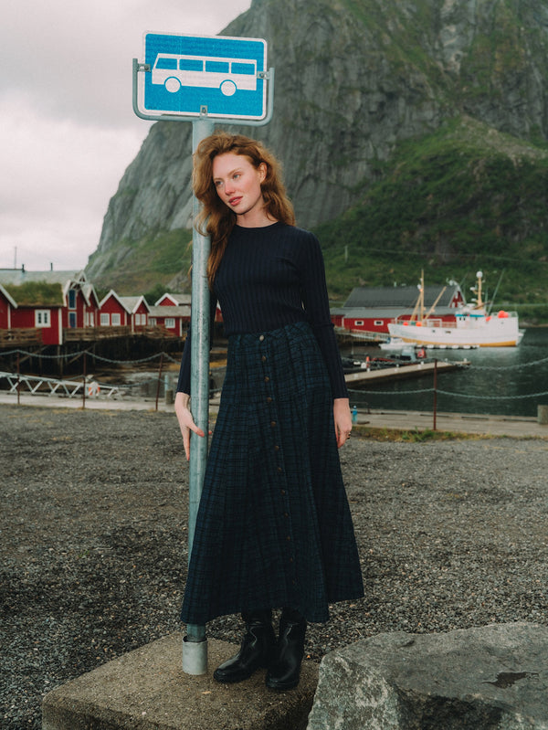 Drop Waist Button Down Printed Denim Skirt - Blue Plaid