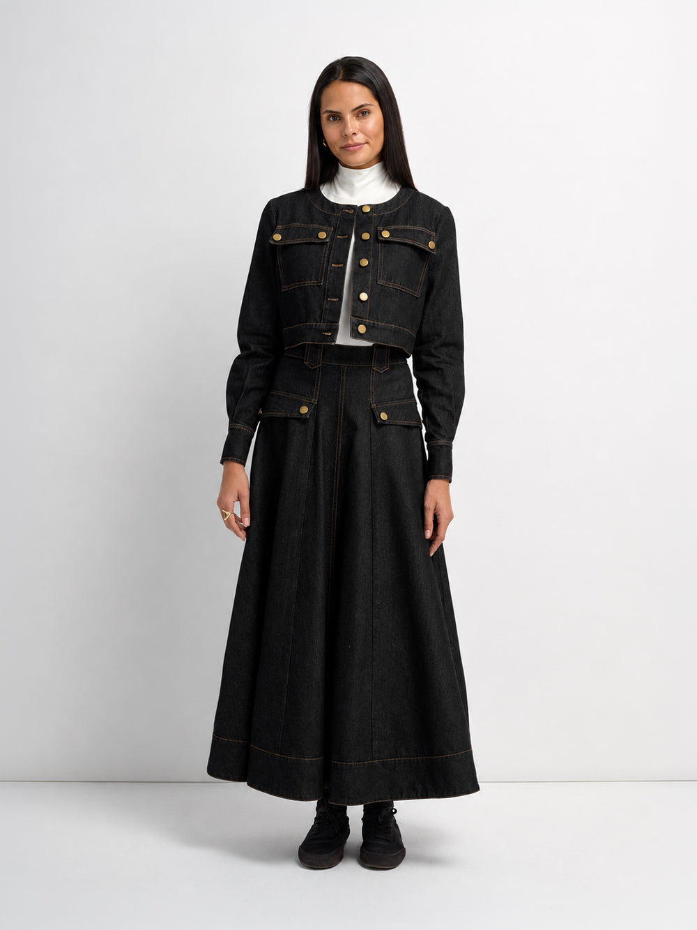 Belted Full Denim Skirt - Black