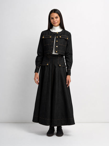 Belted Full Denim Skirt - Black