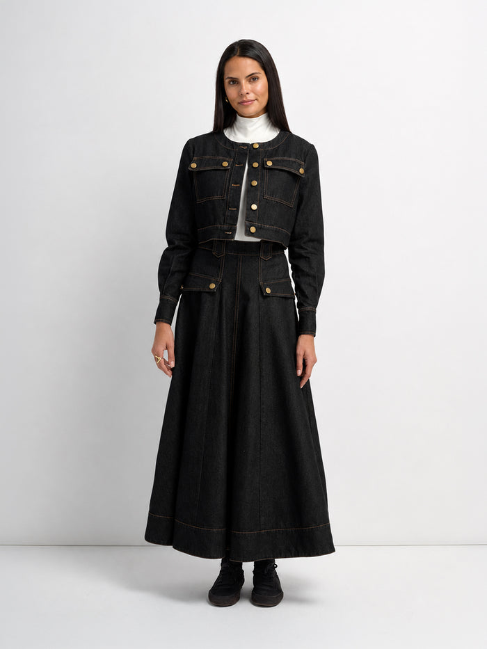 Belted Full Denim Skirt - Black