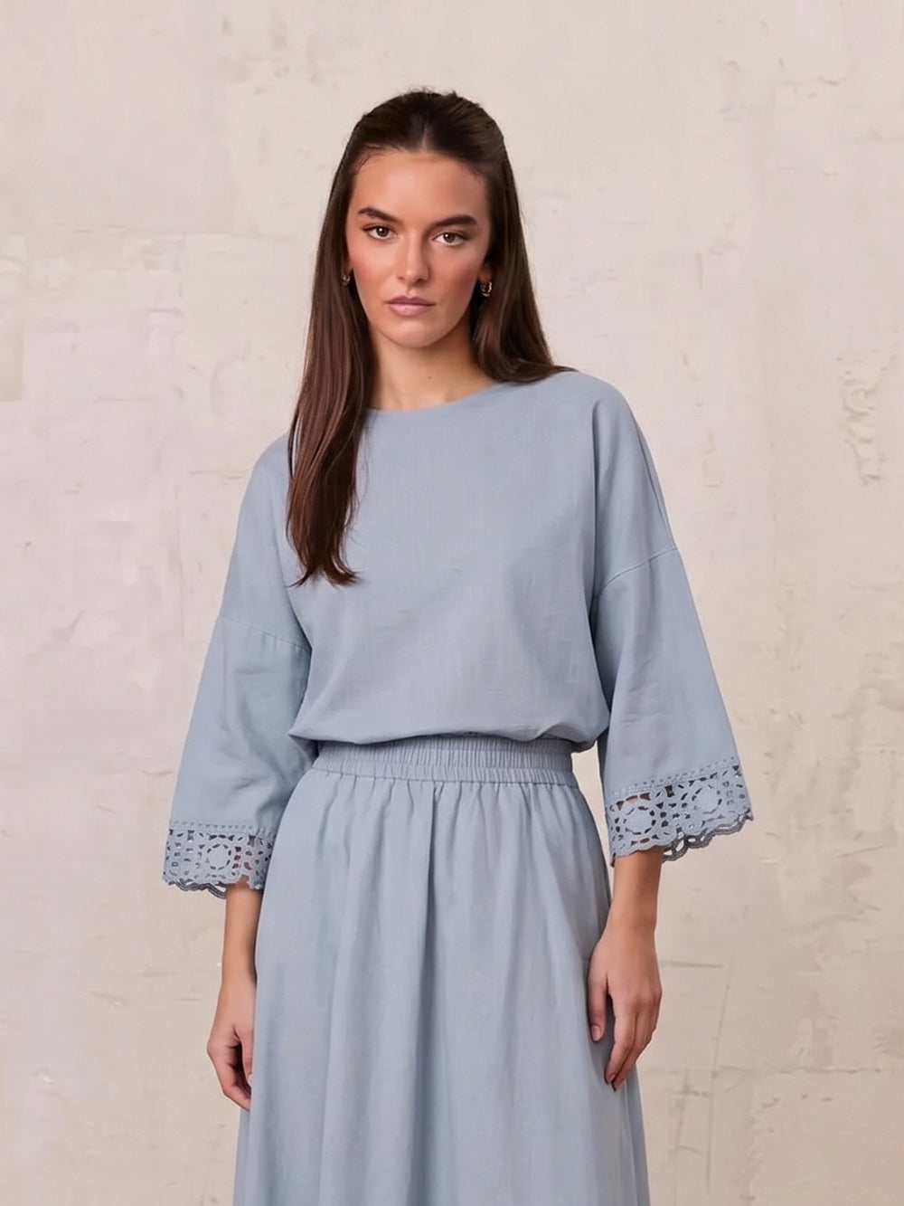 Crochet Edge Top-Light Blue
