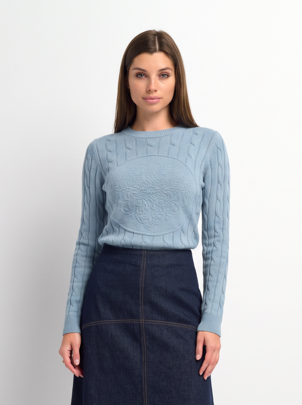 Embossed Cable Sweater - Heathered Blue
