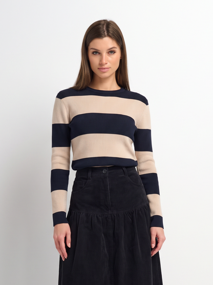Waffle Knit Top - Navy/Tan