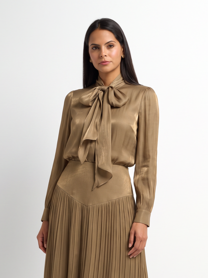 Textured Shimmer Center Bow Blouse - Bronze