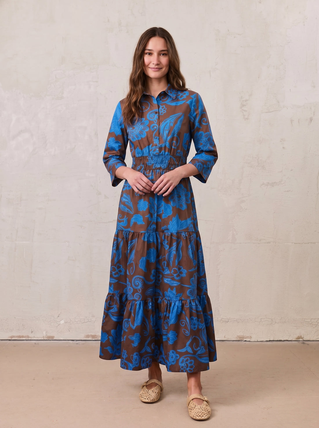 Elastic Waist Tiered Shirtdress-Brown/Blue Floral