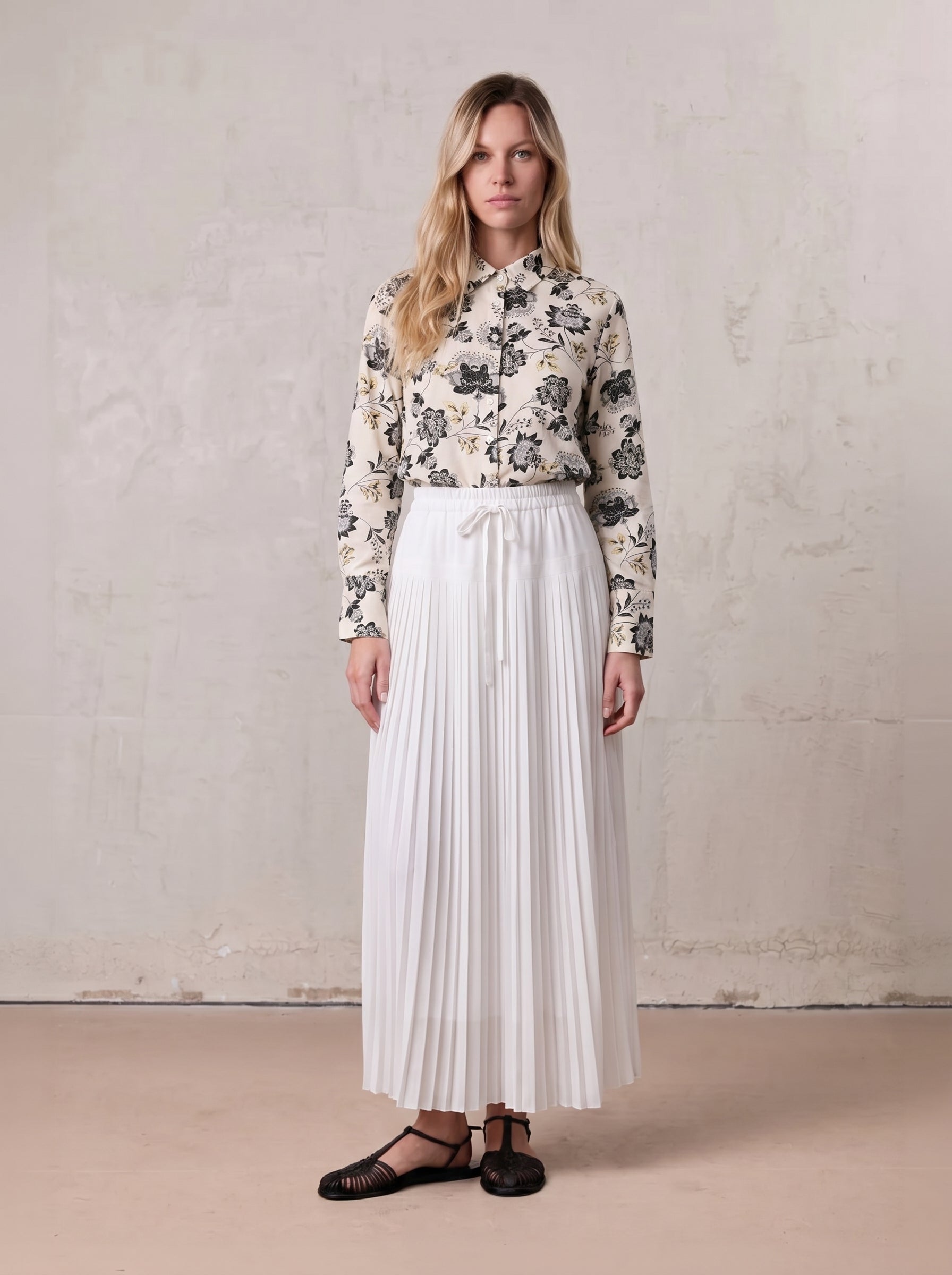 Chiffon Drop Waist Pleat Skirt-White
