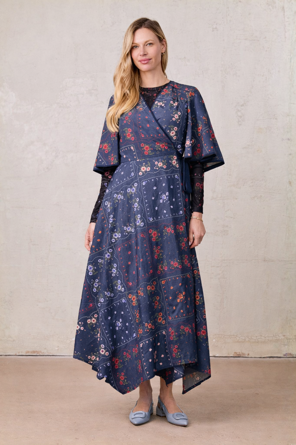 Flutter Sleeve Wrap Dress-Colored Floral