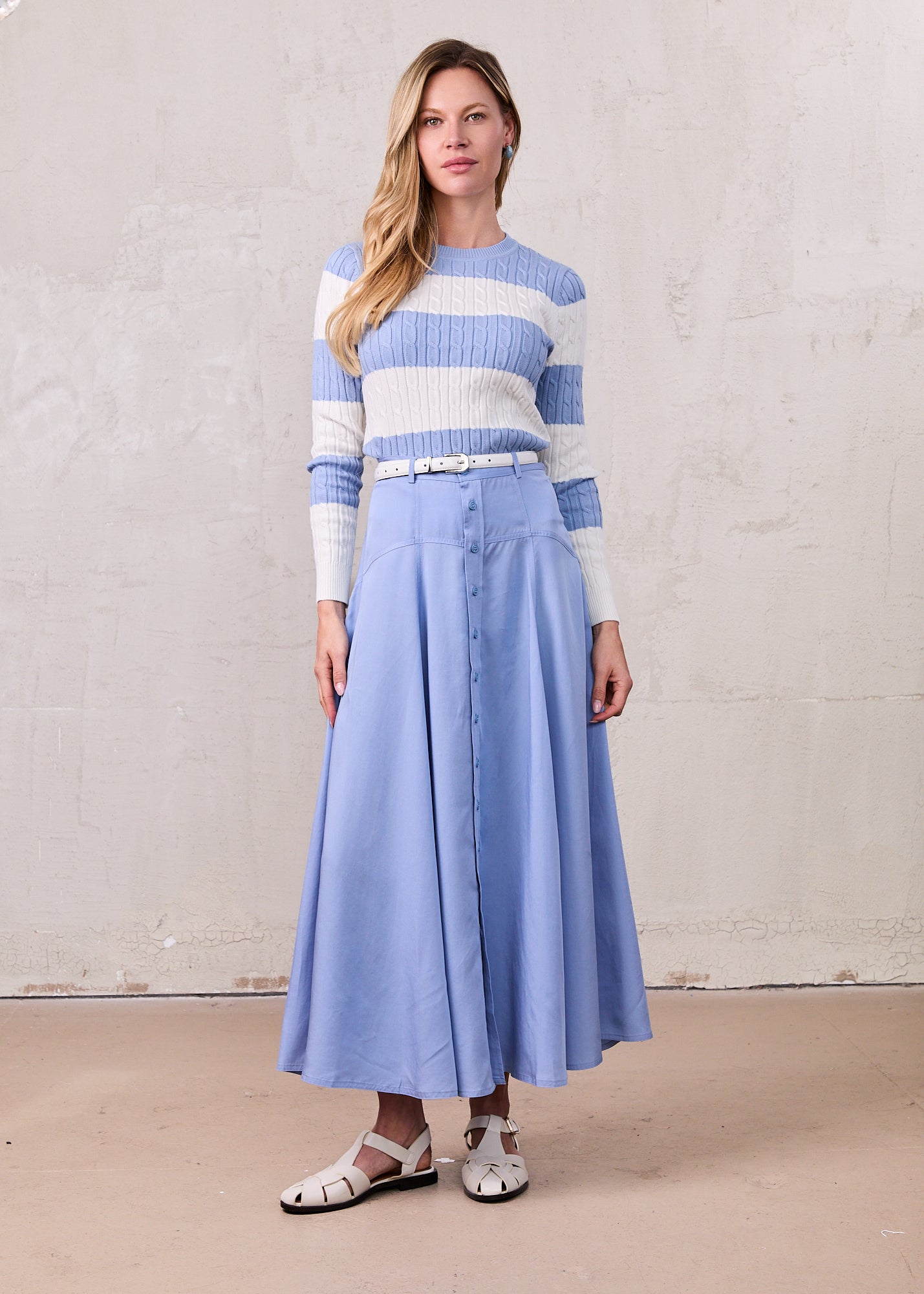 Tencel Yoke Button Down Skirt-Periwinkle Blue