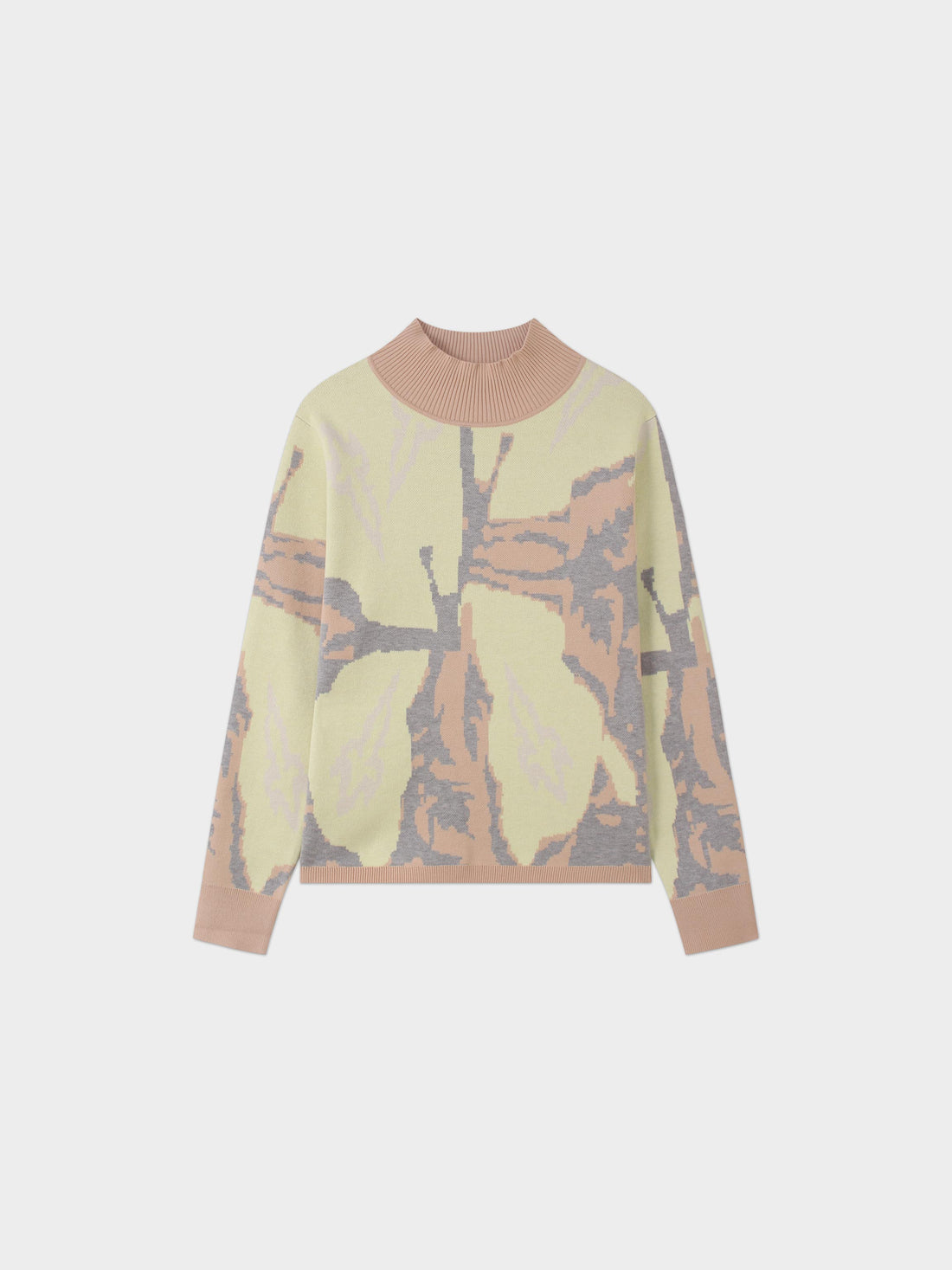 Printed Mock Neck Sweater-Grey/Peach/Yellow