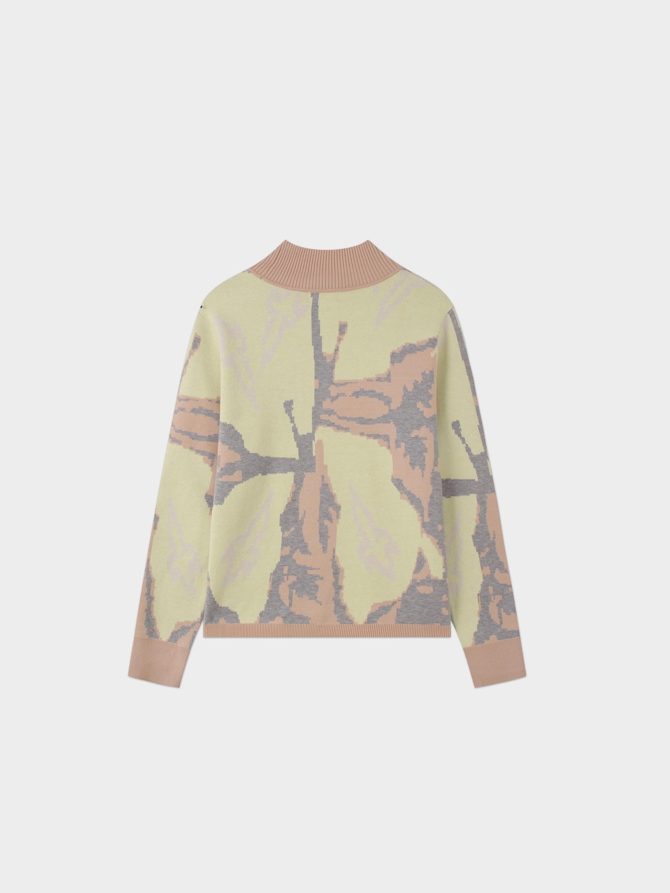 Printed Mock Neck Sweater-Grey/Peach/Yellow