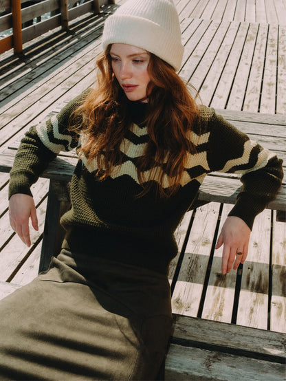 Waffle Designed Sweater - Dark Green/Light Green