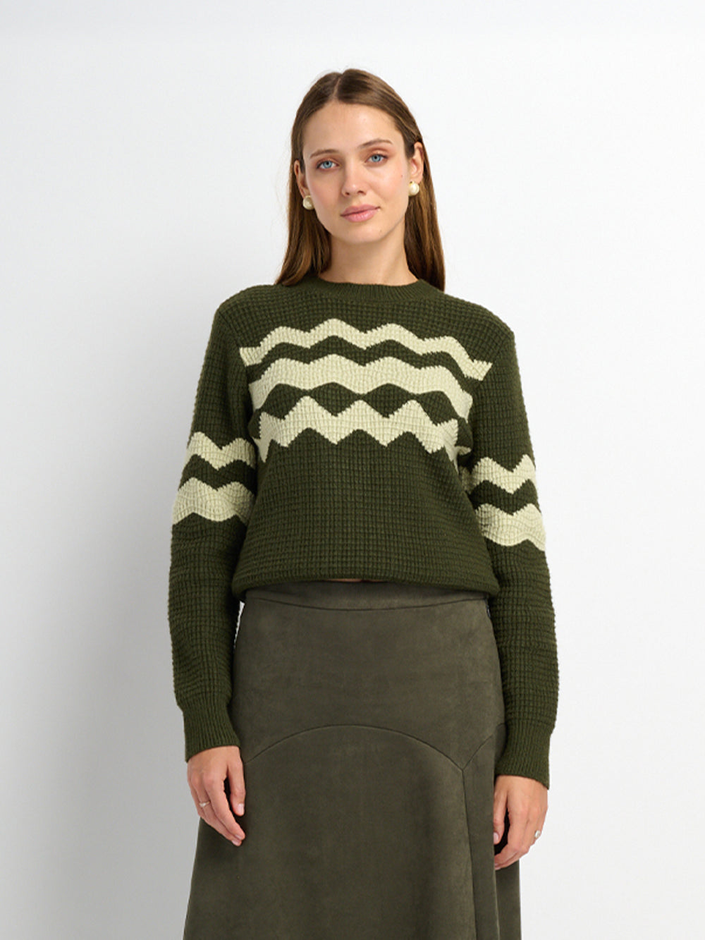 Waffle Designed Sweater - Dark Green/Light Green
