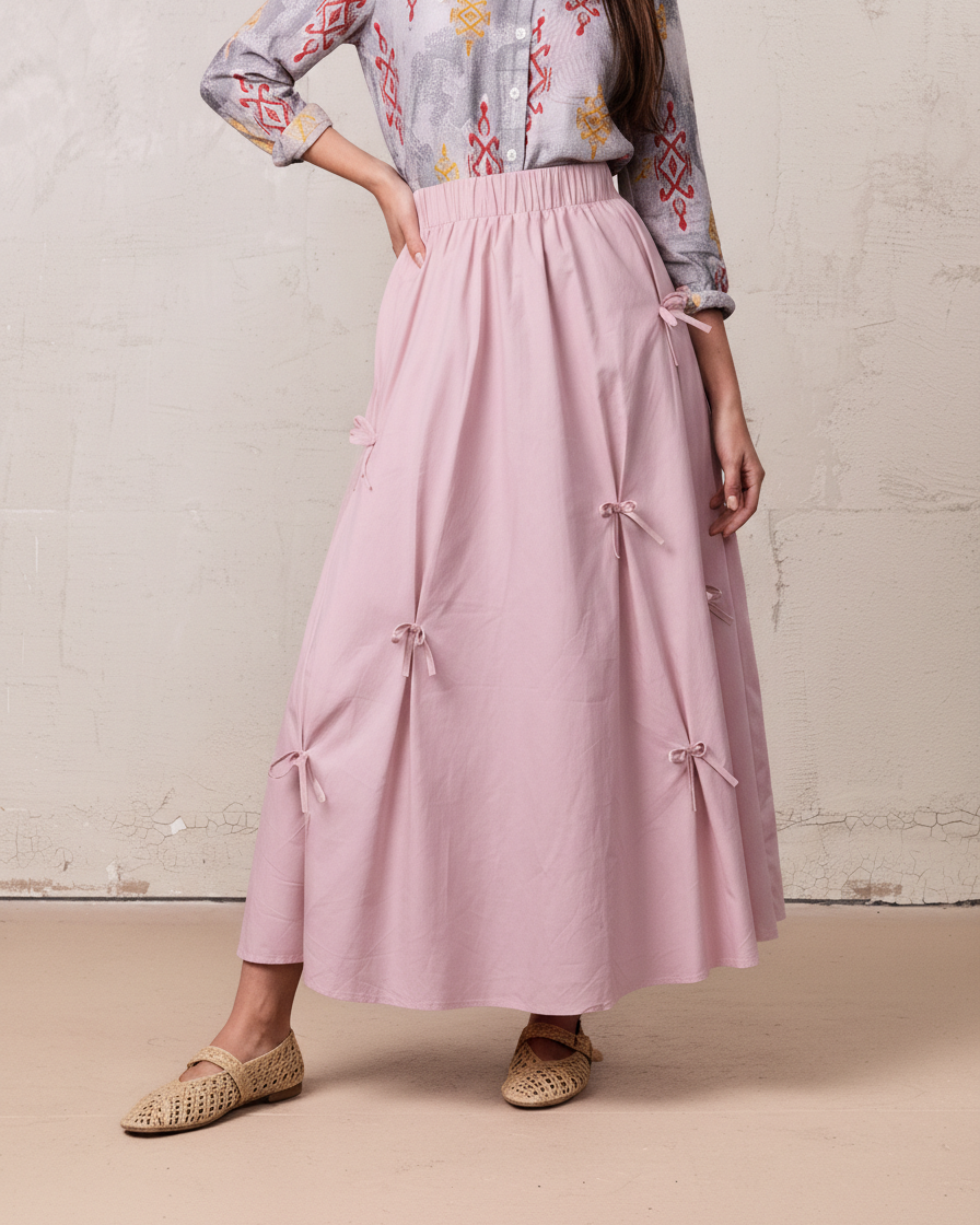 Scattered Bow Full Skirt-Pink