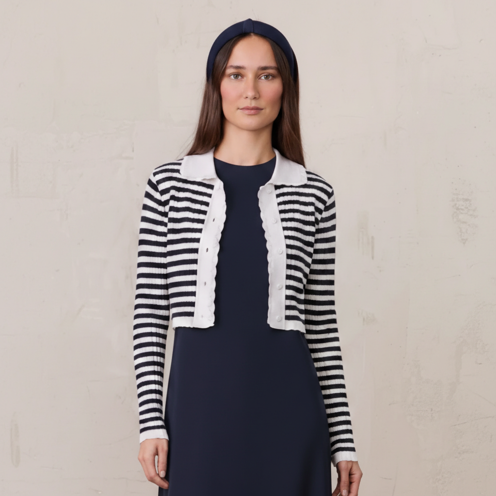 Striped Scalloped Edge Cardigan-Navy/White