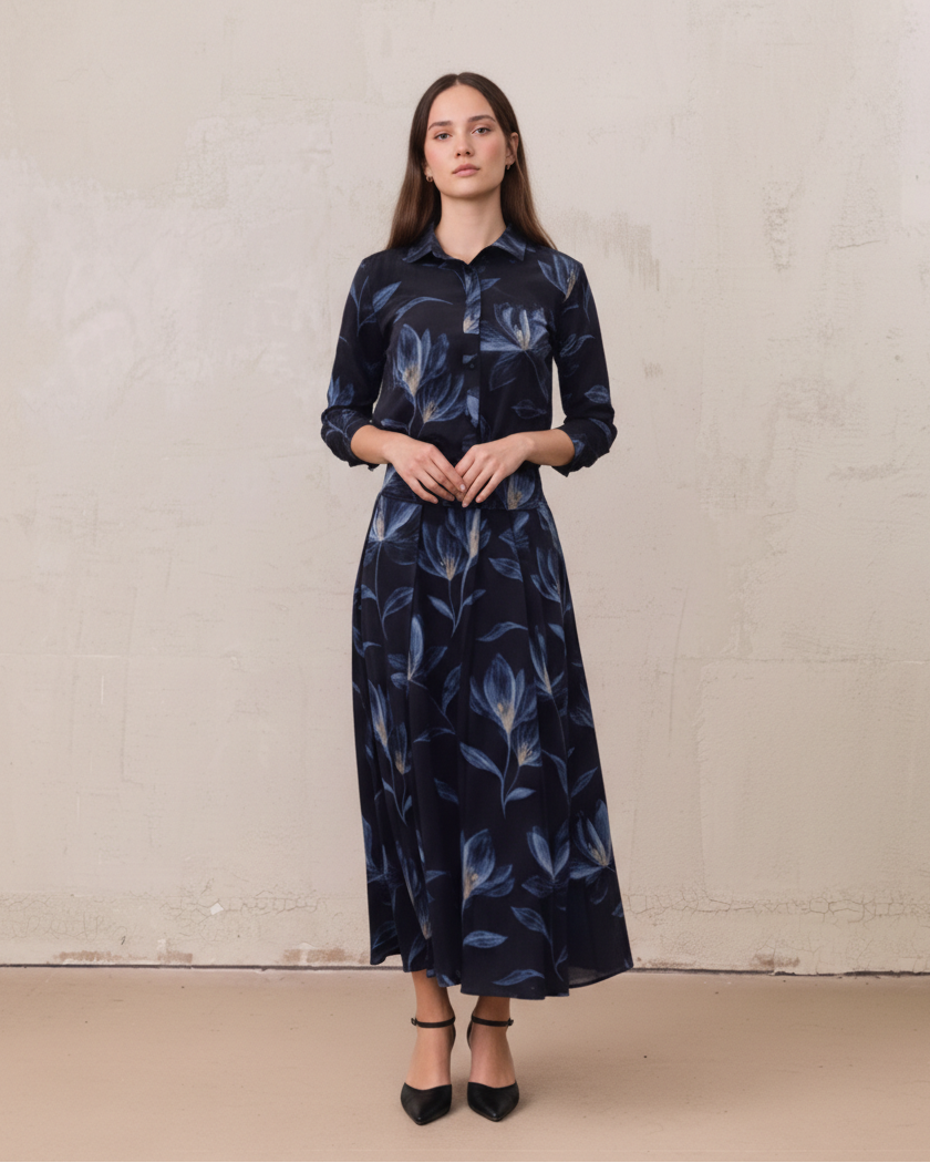 Yoke Pleated Printed Skirt-Blue Floral