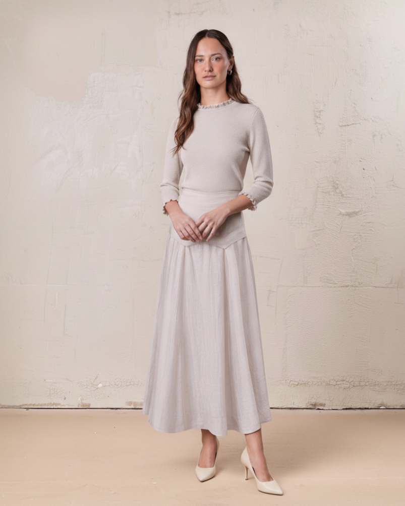 Pointed Yoke Dress Skirt-Ice Latte