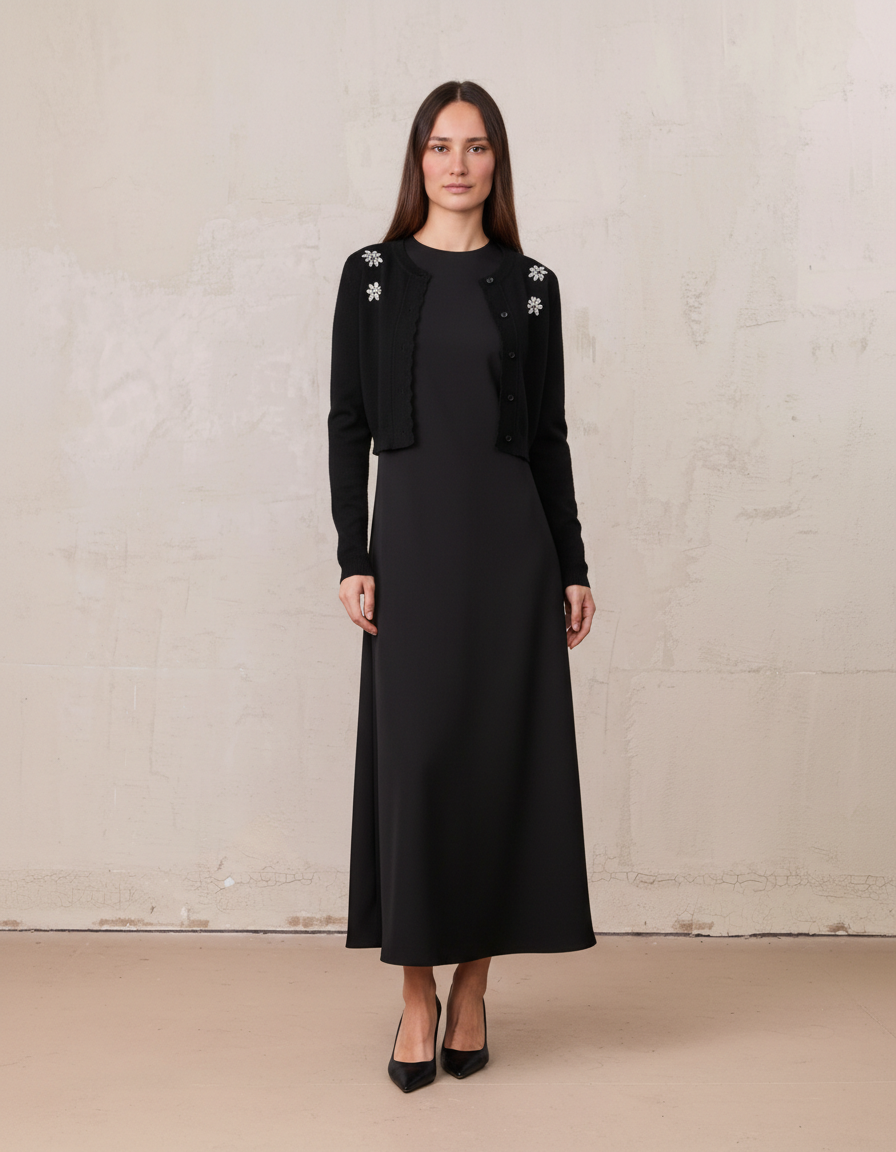 Faux Satin Crew Neck Slip Dress-Black