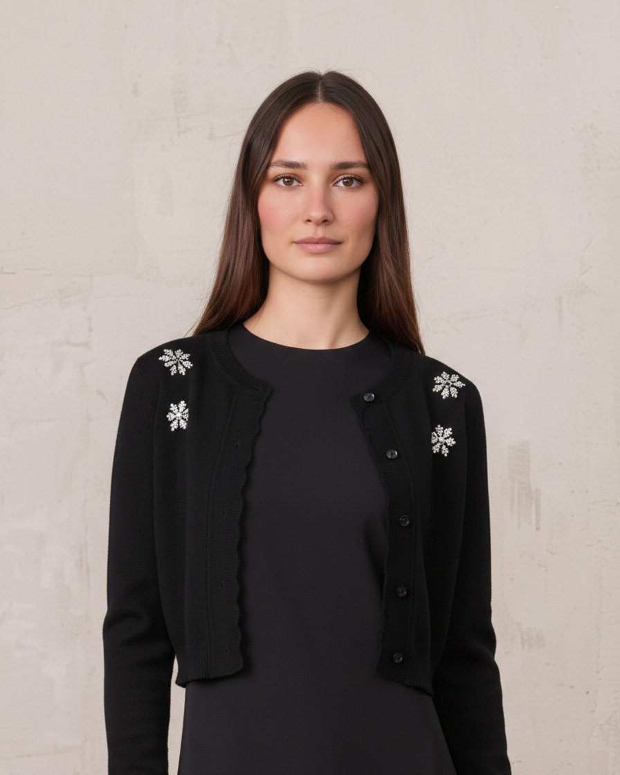 Embellished Cluster Crop Cardigan-Black
