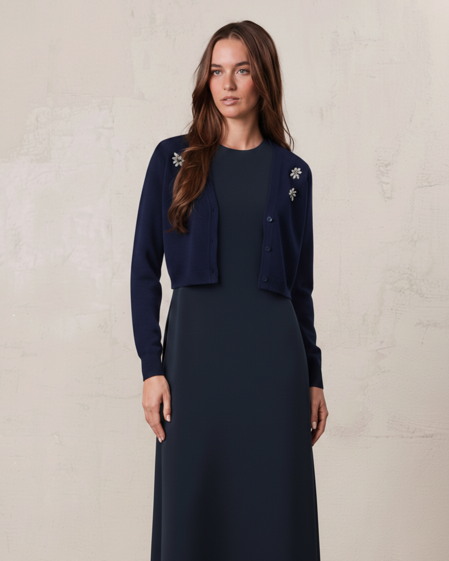 Embellished Cluster Crop Cardigan-Navy