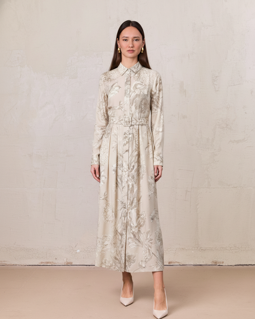 Belted Pleated Bottom Shirtdress-Pastel Mix