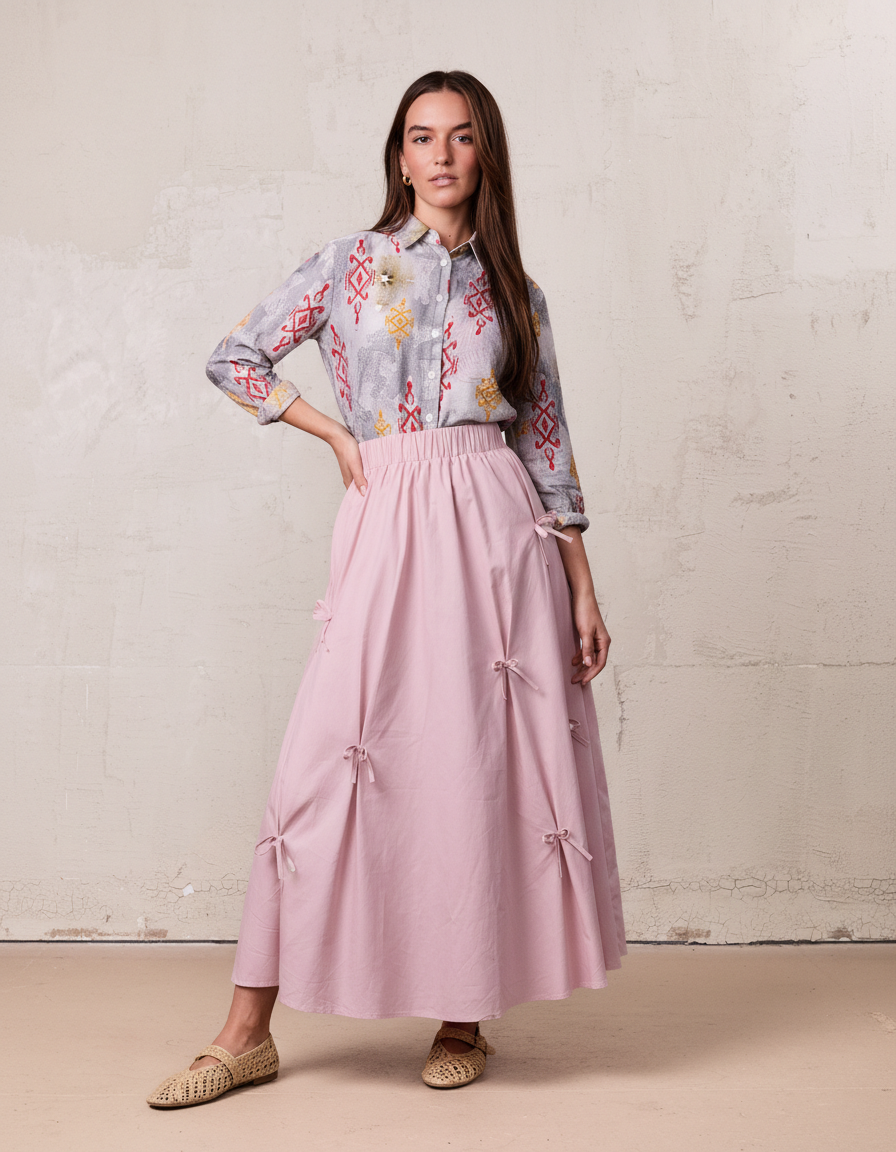 Scattered Bow Full Skirt-Pink