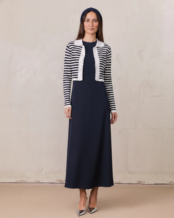 Striped Scalloped Edge Cardigan-Navy/White