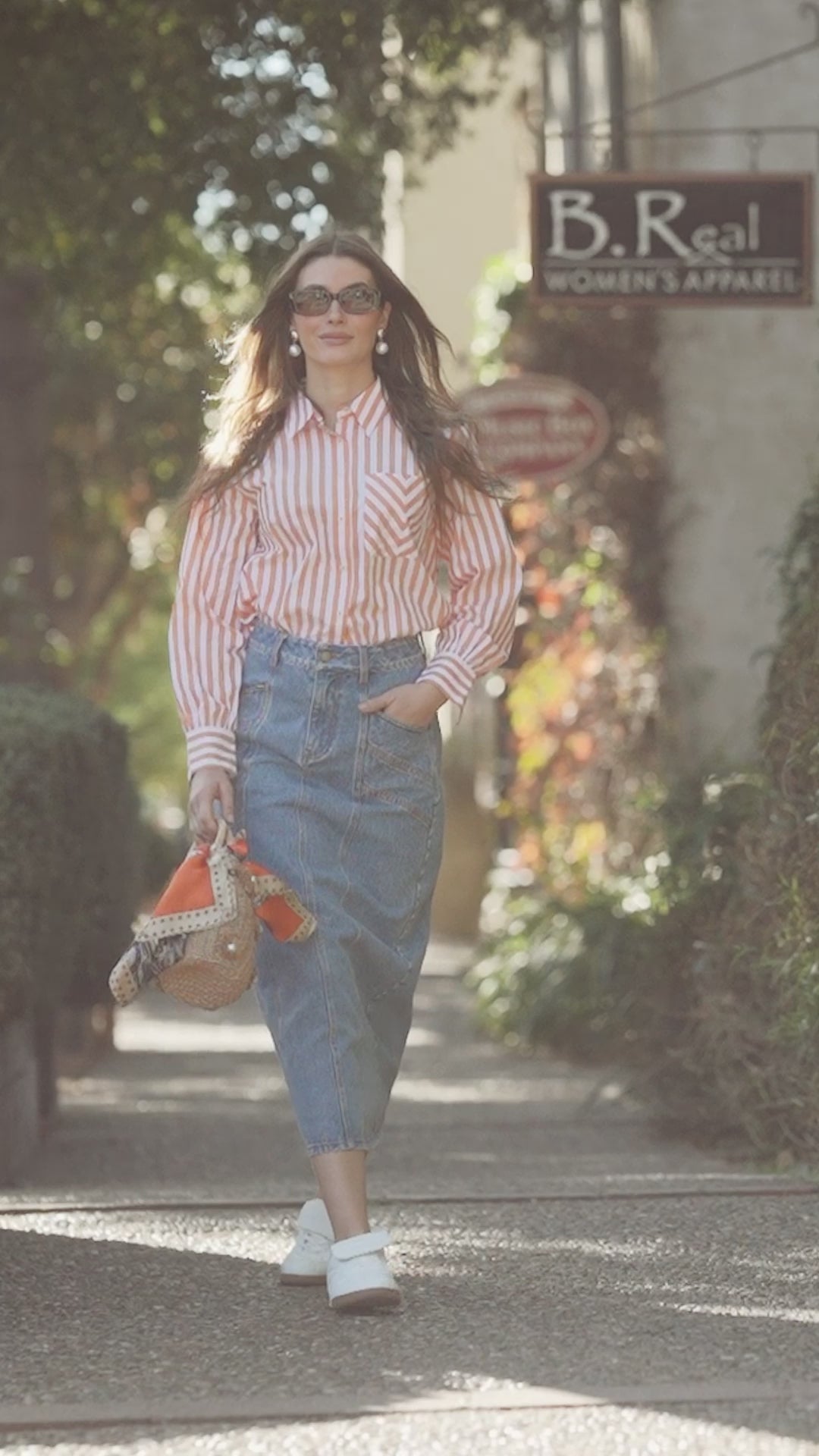 Striped Pocket Cotton Blouse-Orange