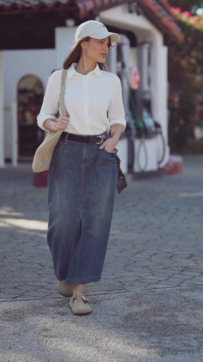 Front Kick Pleat Denim Skirt-Blue