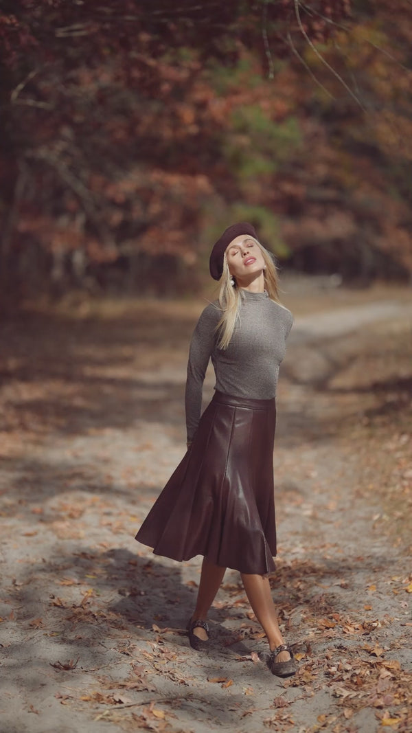 Flare Leather Skirt 27"-Brown