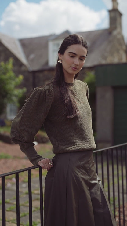 Faux Leather Stitch Down Pleated Skirt-Olive Green