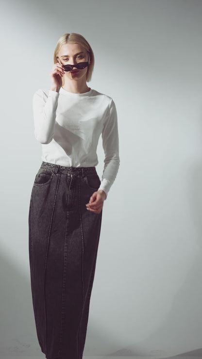 Denim Seamed Skirt-Black