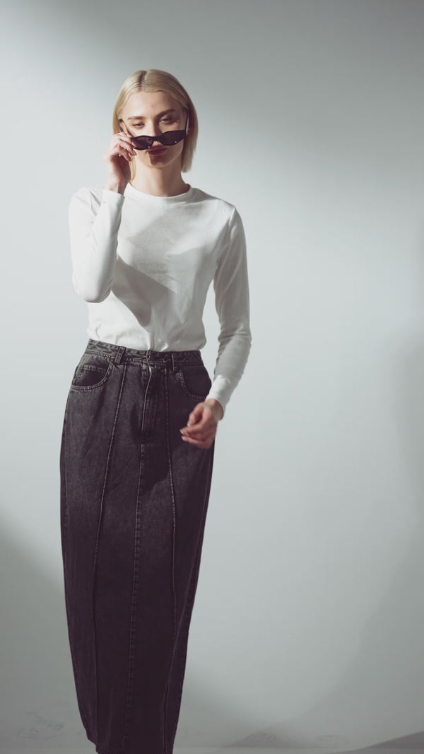 Denim Seamed Skirt-Black