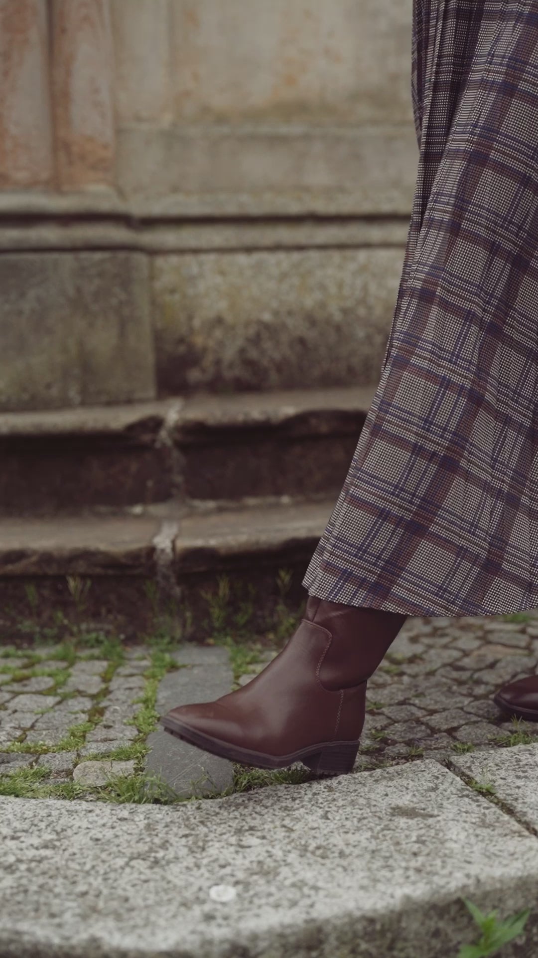 Covered Band Pleated Skirt-Brown/Blue Plaid